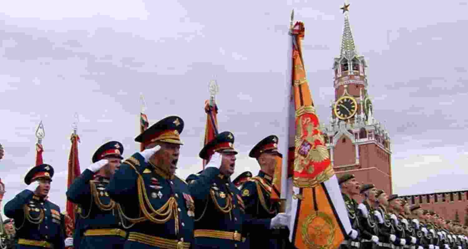 Russian service members take part in a military parade on Victory Day at Red Square in central Moscow on Saturday.