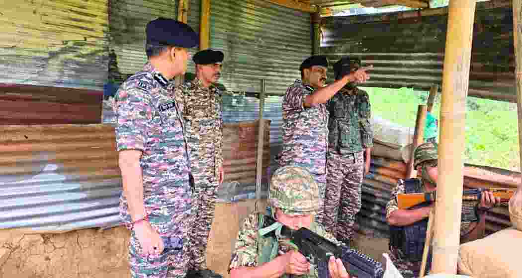 CRPF Director General Gyanendra Pratap Singh interacts with CRPF personnel deployed in violence-hit Manipur during his visit to review the security situation and assess operational preparedness.