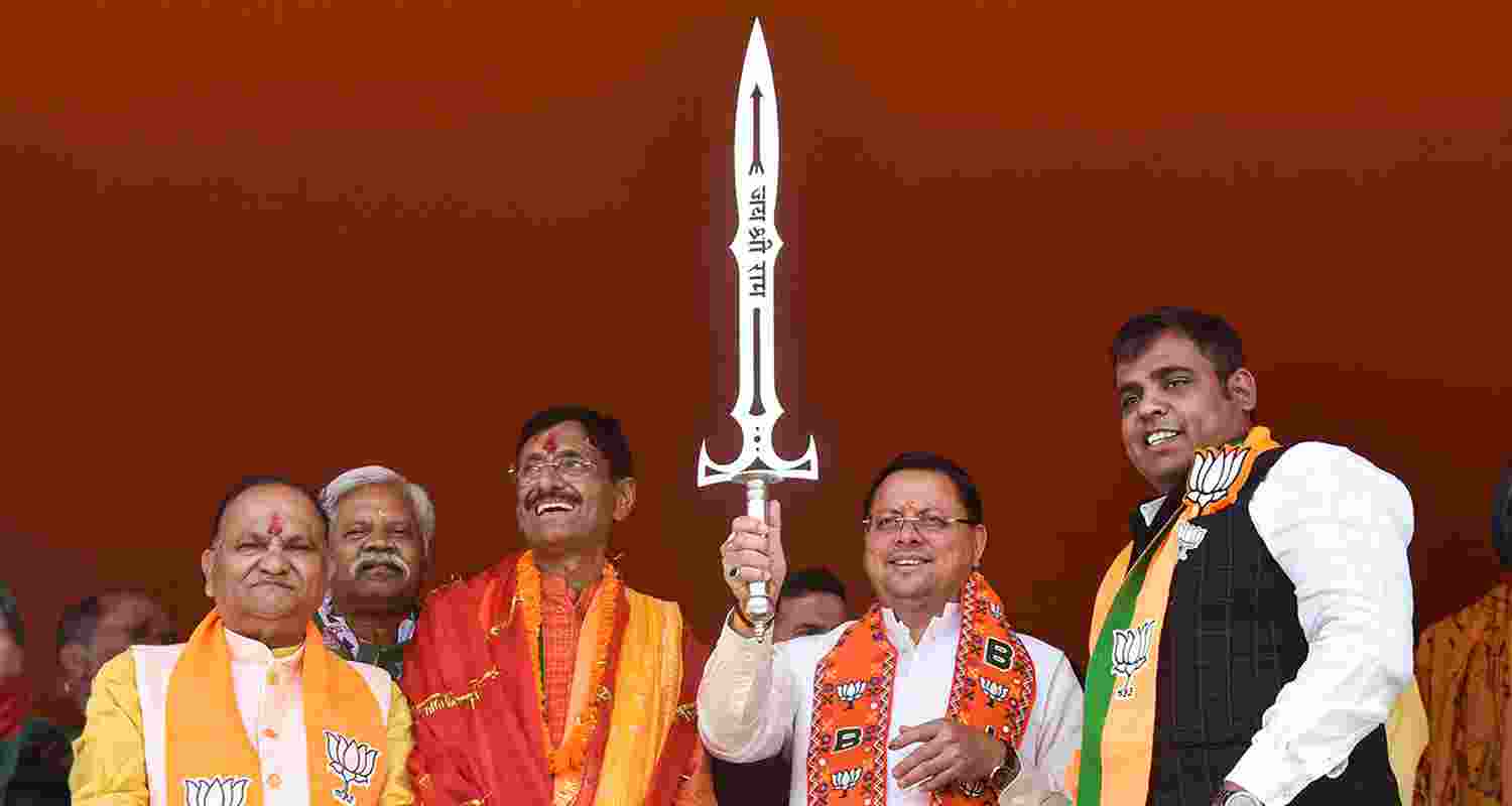 Uttarakhand Chief Minister addresses a public meeting in Ranchi on the occasion of nomination of BJP candidate Sanjay Seth in Ranchi on Thursday. 