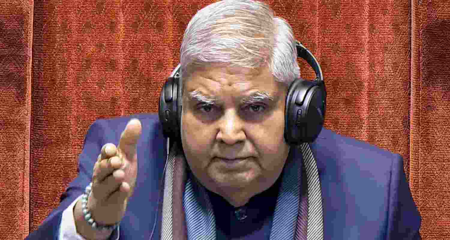 Chairman of the Rajya Sabha Jagdeep Dhankhar addresses the house. 