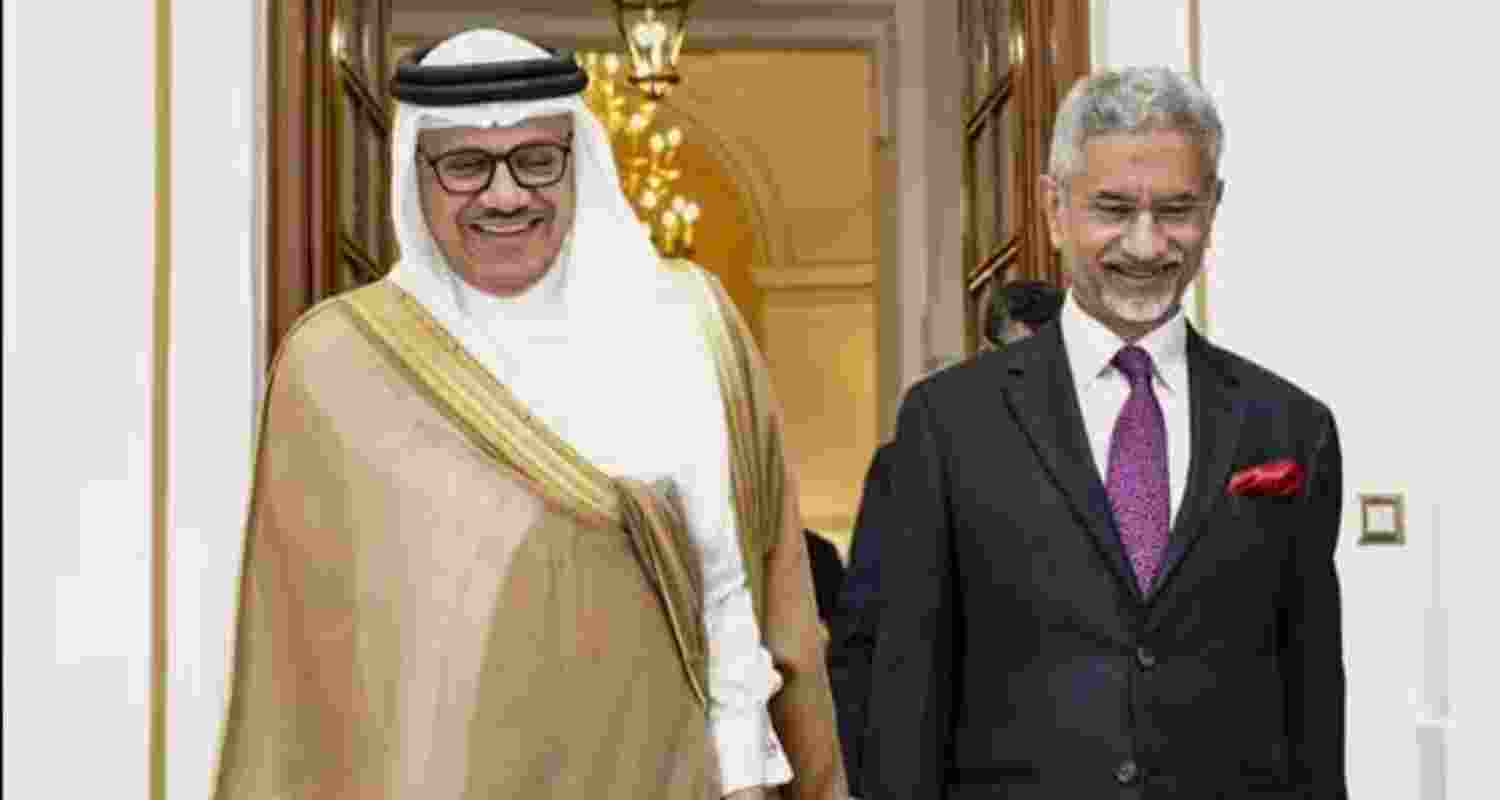 External Affairs Minister S Jaishankar with his Bahraini counterpart Abdullatif bin Rashid Alzayani in New Delhi on Monday.