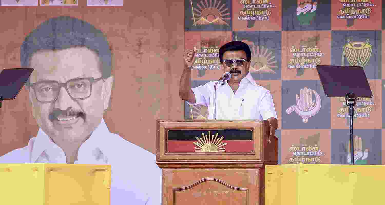 Tamil Nadu Chief Minister MK Stalin addresses a public meeting ahead of the Tamil Nadu Assembly Election, in Virudhunagar, Sunday, April 5, 2026. 