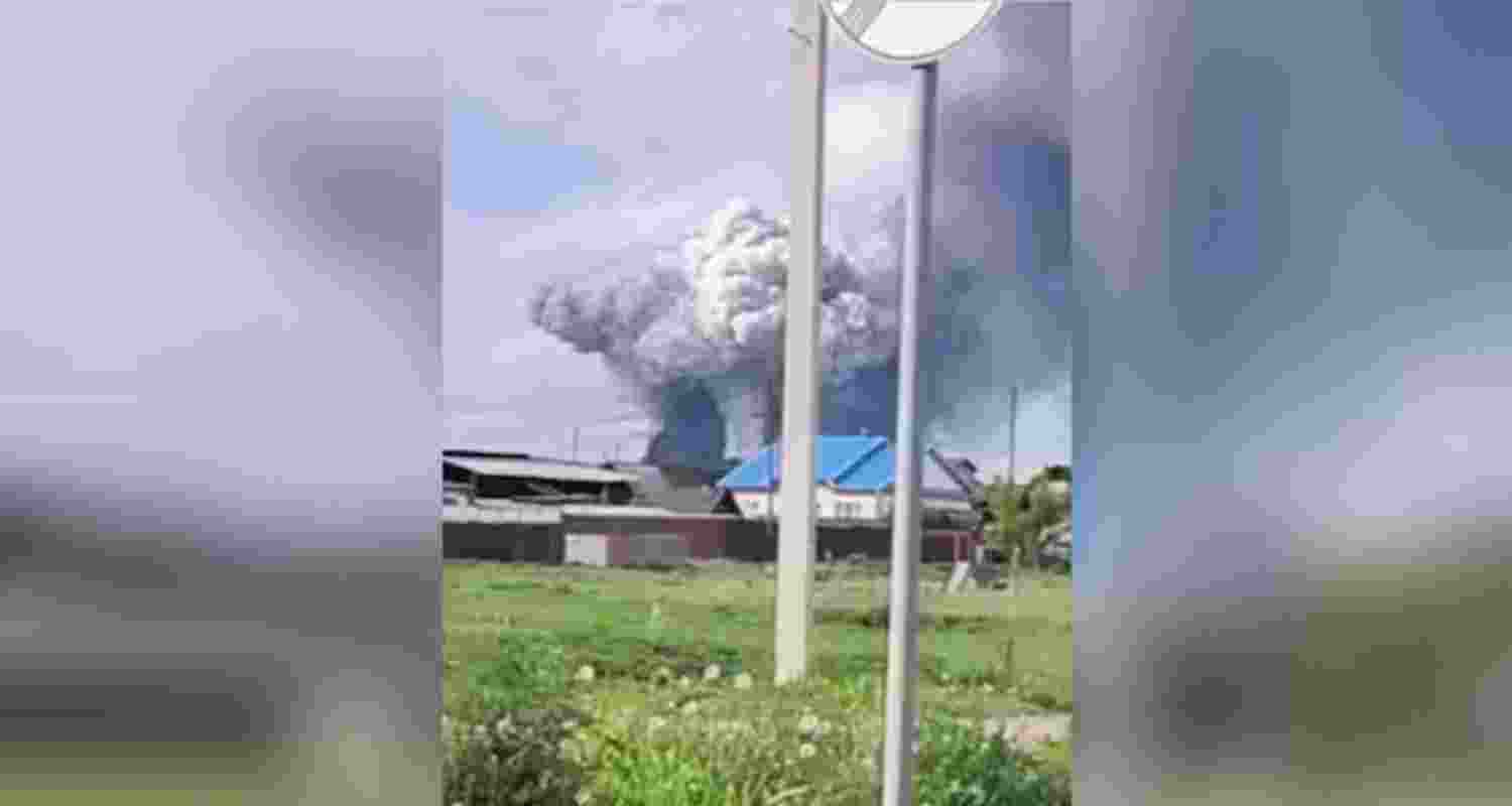 Smoke rises above the area following what local authorities called a drone attack on a military unit in the Sredny settlement, in the course of Russia-Ukraine conflict in Russia's Irkutsk region on Sunday.