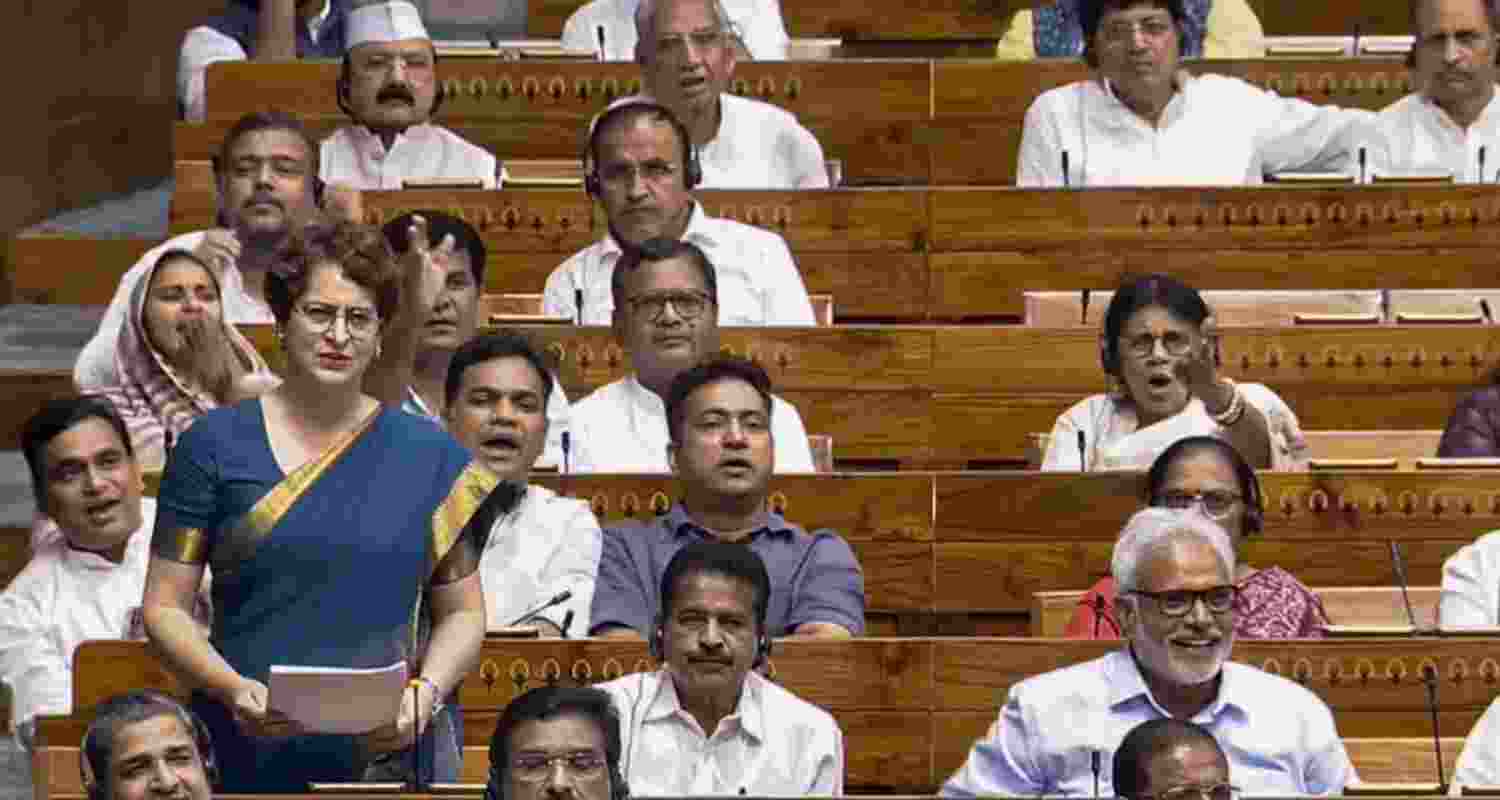 Congress leader Priyanka Gandhi speaking in the Lok Sabha during a debate on the anti-paper leak Bill on Tuesday.