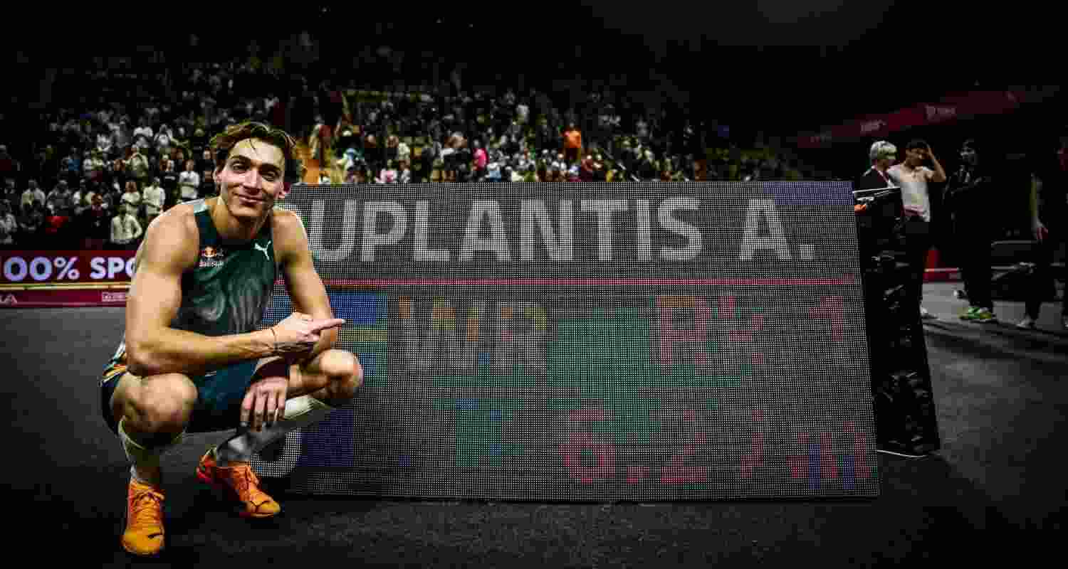 Duplantis celebrates breaking the world record, one that he had created himself.