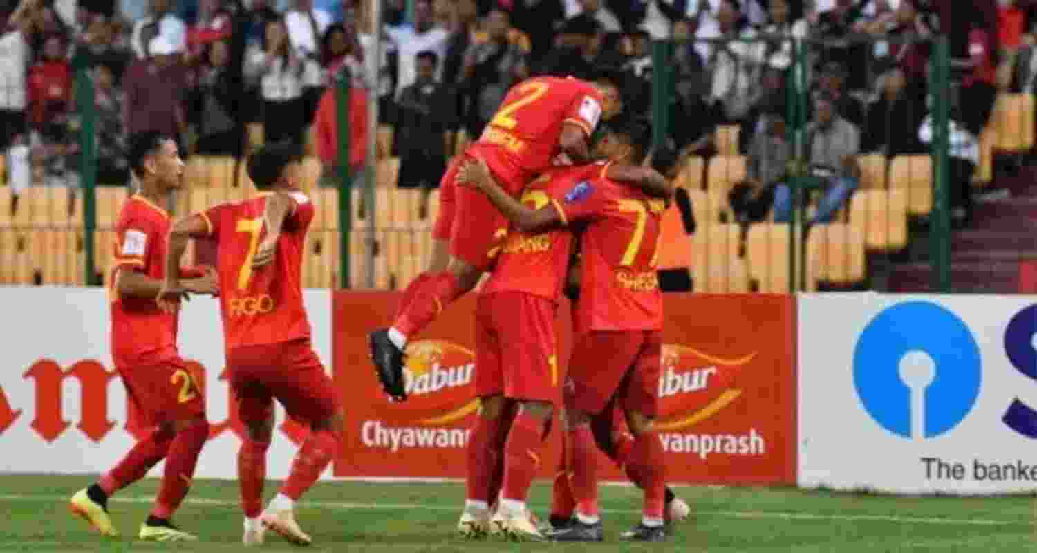 Shillong Lajong FC players celebrating after scoring a goal against Indian Navy.