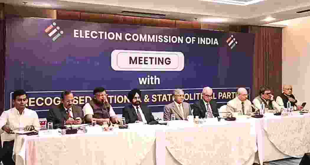 Chief Election Commissioner Gyanesh Kumar, Election Commissioners Sukhbir Singh Sandhu and Vivek Joshi, West Bengal Chief Electoral Officer and senior officials of the Commission, during a meeting with recognised National and State political parties of the state, in Kolkata. (@ECISVEEP/X via PTI Photo)