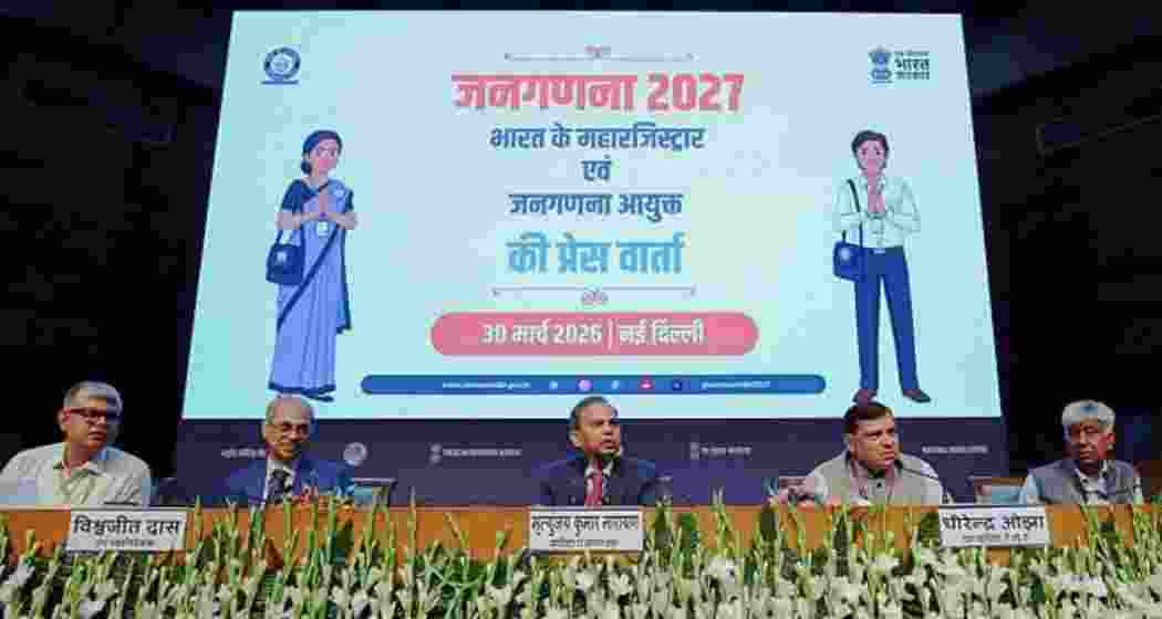 From left to right, Deputy Registrar General, Census, Subash Das Gupta, Deputy Director General (DDG) for Census Planning, Implementation & Co-ordination Biswajit Das, Registrar General and Census Commissioner Mrityunjay Kumar Narayan, Principal Director General PIB Dhirendra Ojha and Additional Director General PIB Raj Kumar during a press conference on Census in New Delhi. (PTI)