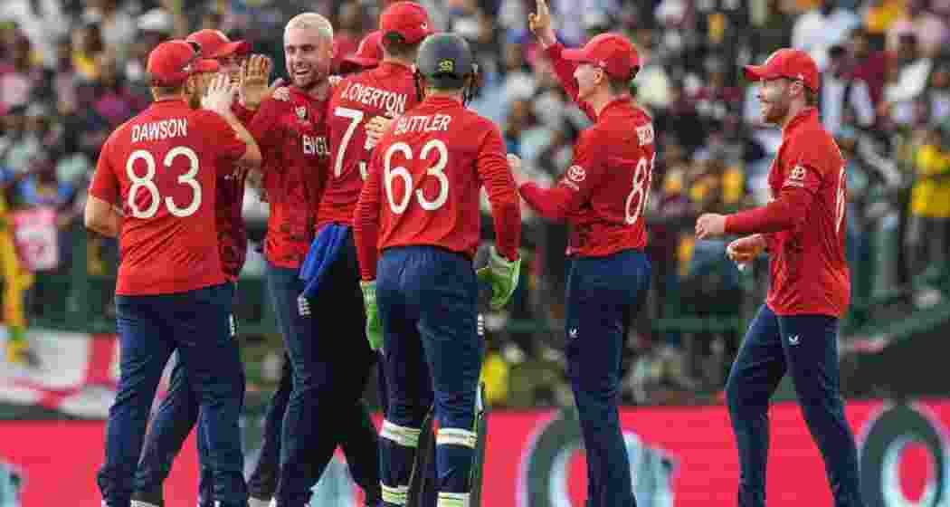 England's Will Jacks, third left without cap, celebrates with teammates the wicket of Sri Lanka's Pavan Rathnayake during the T20 World Cup cricket match between Sri Lanka and England in Pallekele, Sri Lanka on Sunday.