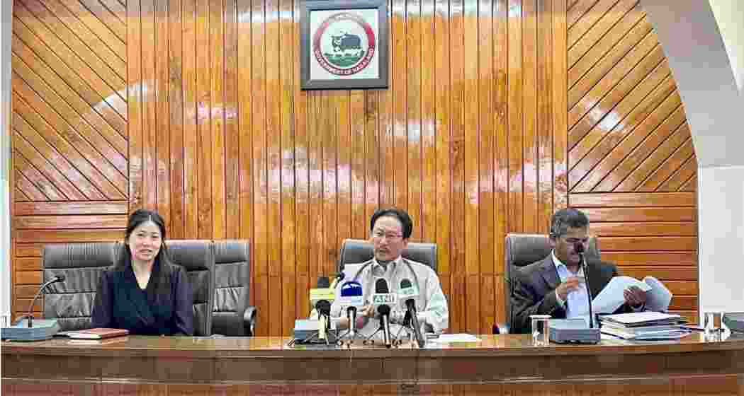 Delegates from the Nagaland governemtn including State Minister K G Kenye (C) during their interaction with media persons regarding their call to ENPO to not abstain from the urban and local body elections scheduled to be held on June 26.