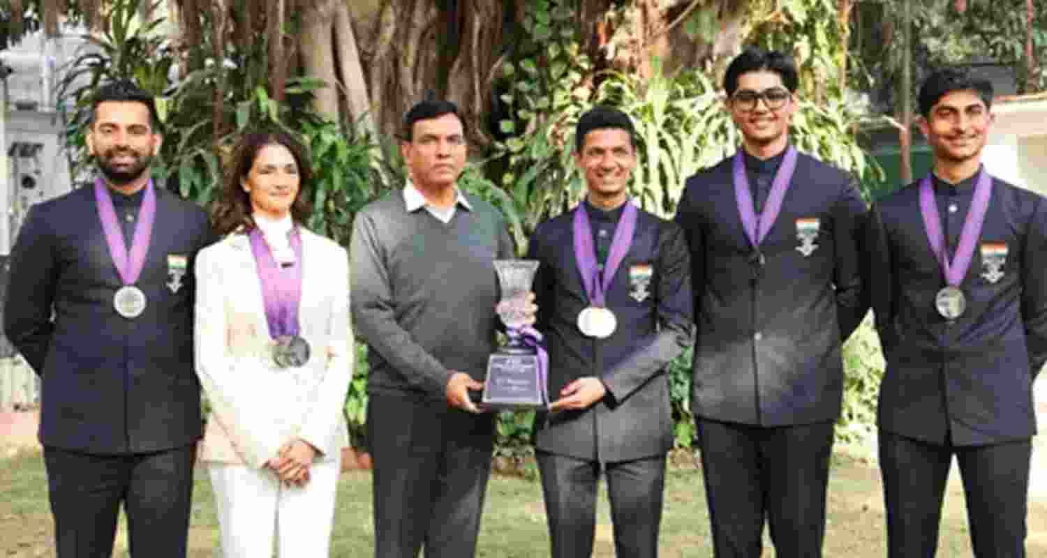 Union Sports Minister Mansukh Mandaviya felicitating the Indian teams which won five medals, including an individual gold, at the FEI Asian Equestrian Championship in Thailand recently.