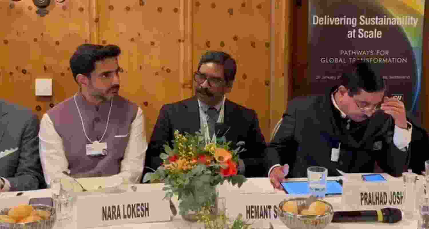 From left: Andhra Pradesh Minister Nara Lokesh, Jharkhand Chief Minister Hemant Soren and Union Minister Pralhad Joshi participating in the CII's "Delivering Sustainability at Scale" event at Davos.