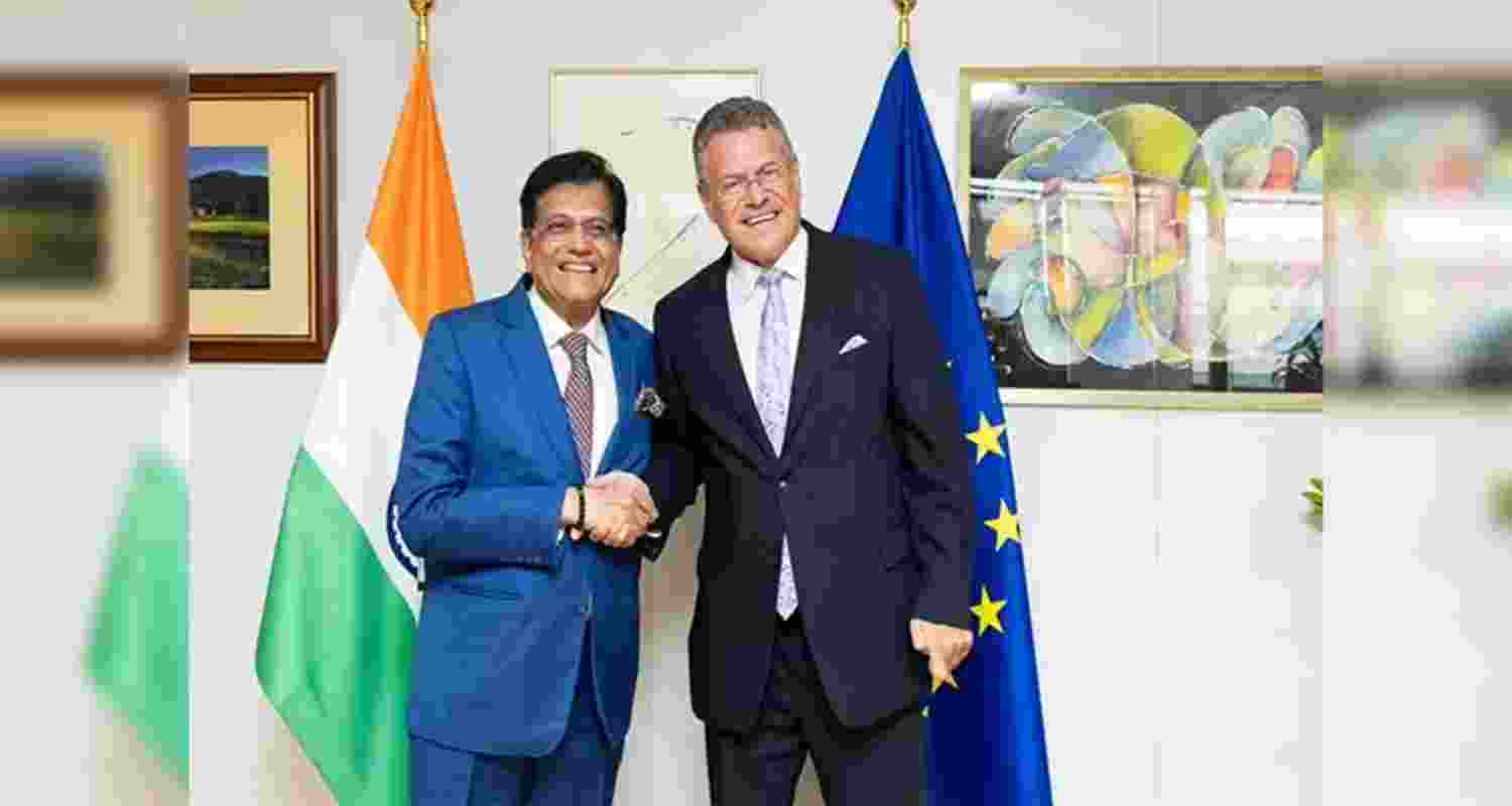 Union Minister of Commerce and Industry Piyush Goyal with European Union Commissioner for Trade and Economic Security Maros Sefcovic in Brussels. (File photo)