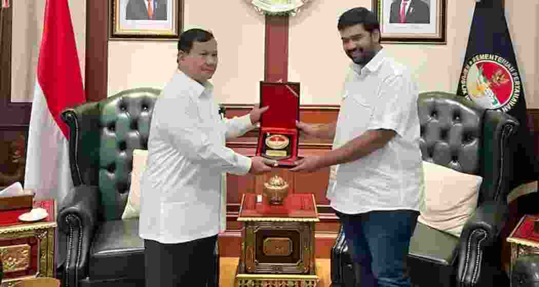 Indian-origin businessman Gaurav Srivastava poses for a photograph with former Indonesian Defence Minister and current President Prabowo Subianto.