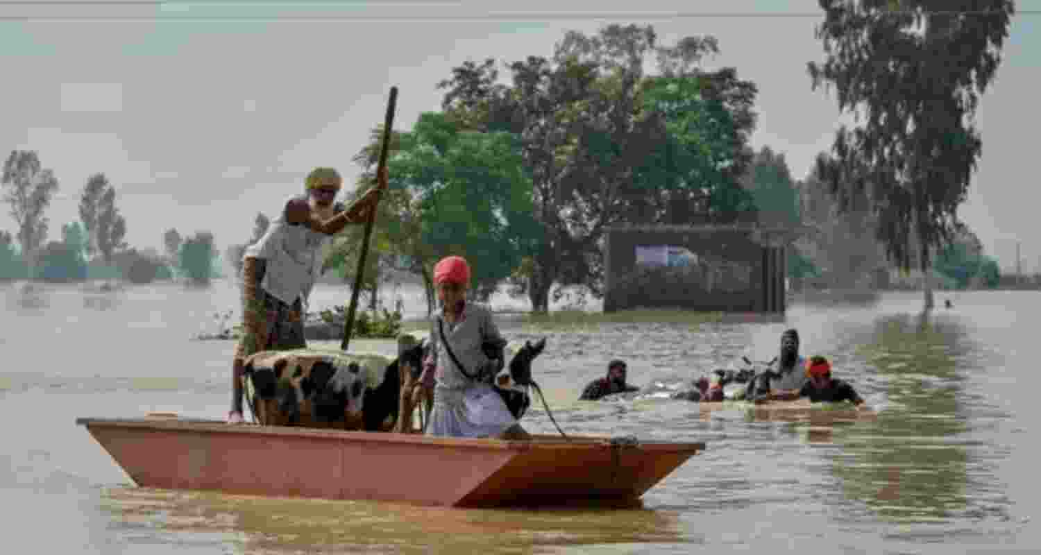 A family moving to a safer place with their belongings in a flood-hit village of Kapurthala district.