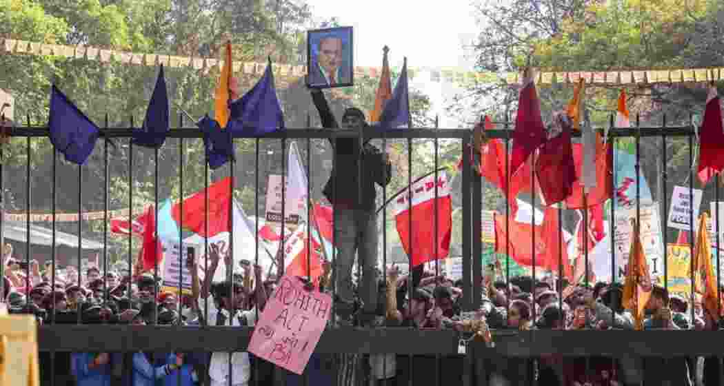 A file photograph of Jawaharlal Nehru University Students' Union members staging a protest rally to press for the implementation of UGC’s equity regulations in February.