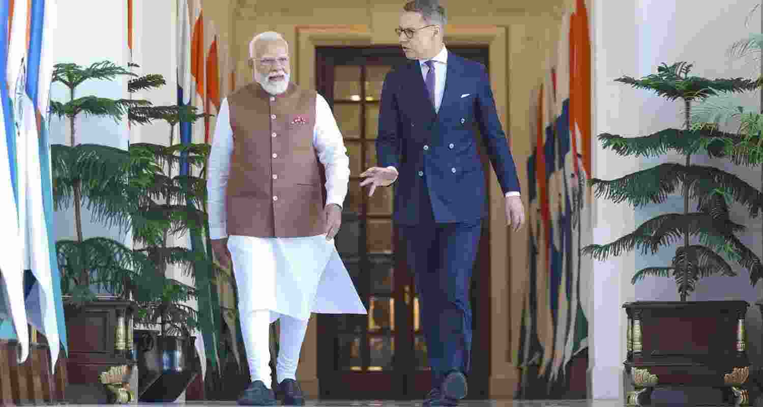 Prime Minister Narendra Modi with Finland President Alexander Stubb, at Hyderabad House in New Delhi. 