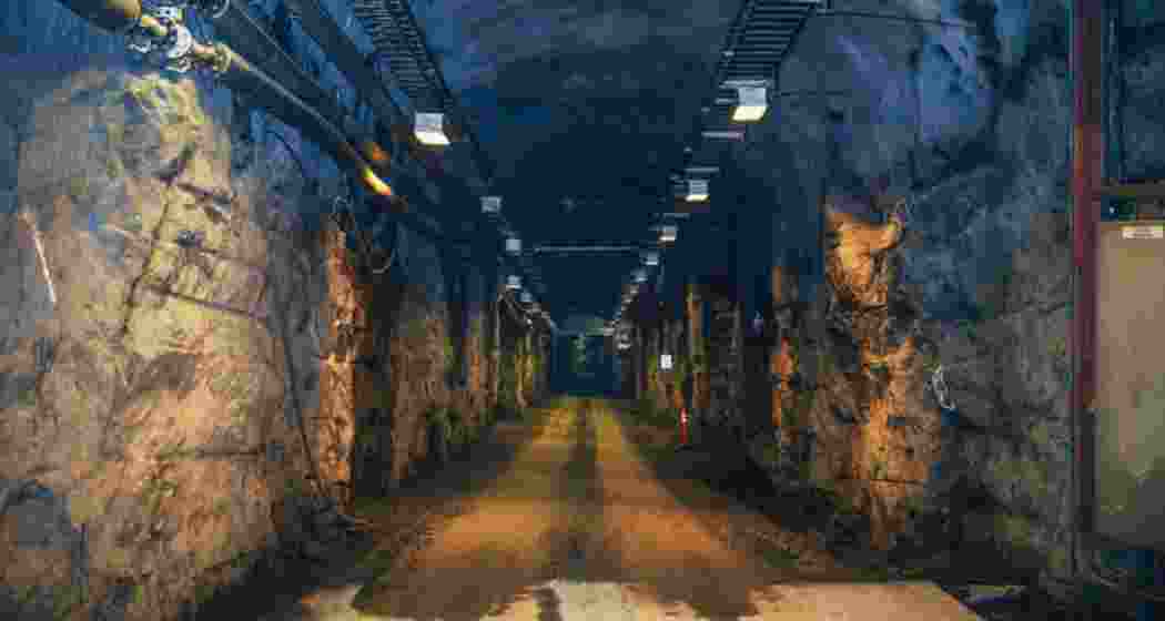 A tunnel deep inside Finland’s Onkalo nuclear waste repository at Olkiluoto, carved into ancient bedrock, where spent nuclear fuel will be permanently stored hundreds of metres underground.