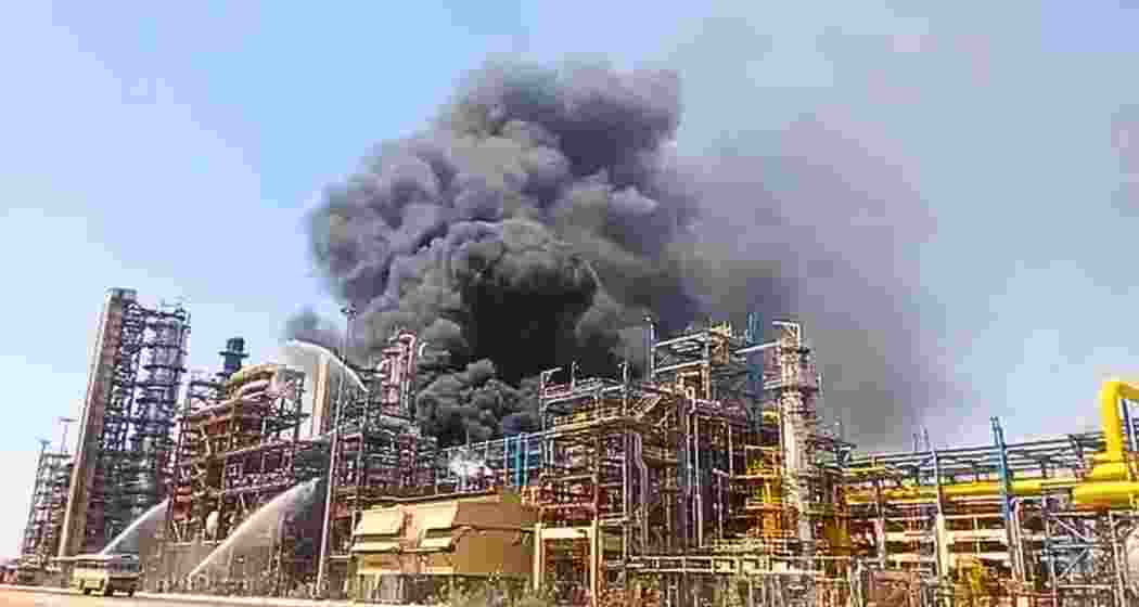 Flames rise from the Pachpadra refinery in Rajasthan’s Balotra district on Monday, a day before Prime Minister Narendra Modi’s scheduled inauguration of the mega petrochemical complex.