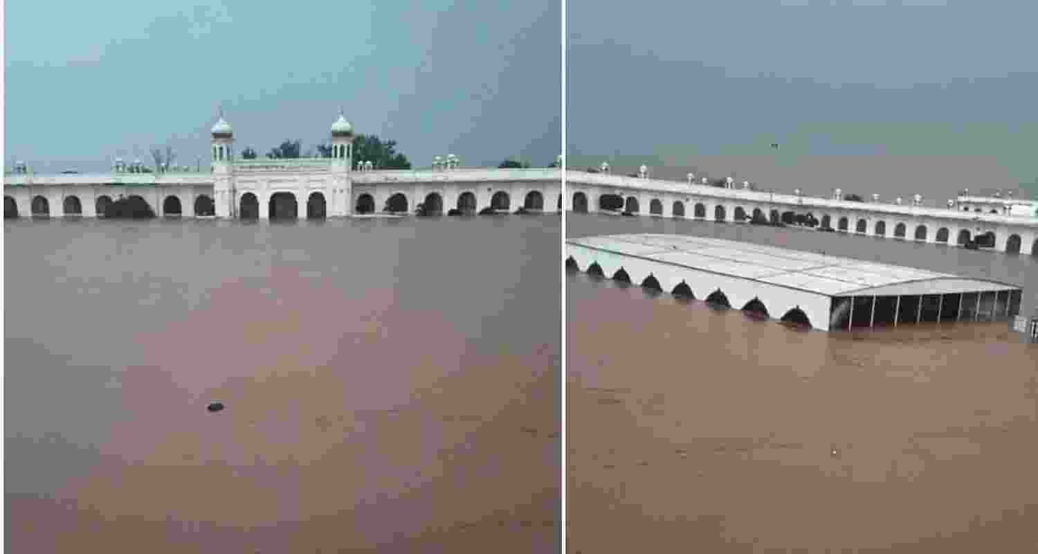 Parts of the Kartarpur Sahib Gurdwara complex submerged in floodwaters. Parts of the Kartarpur Sahib Gurdwara complex submerged in floodwaters.