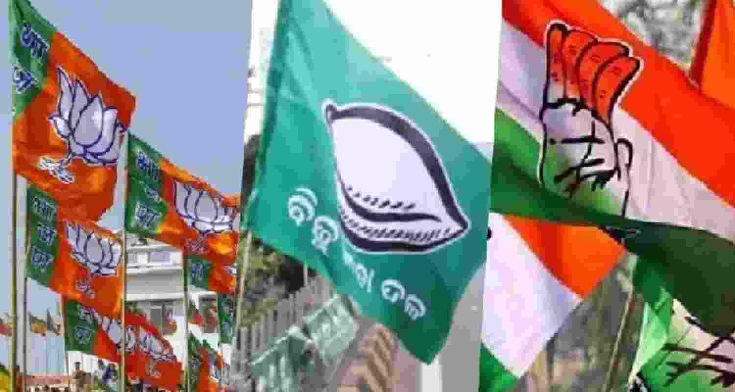 Flags of BJP, BJD and Congress.