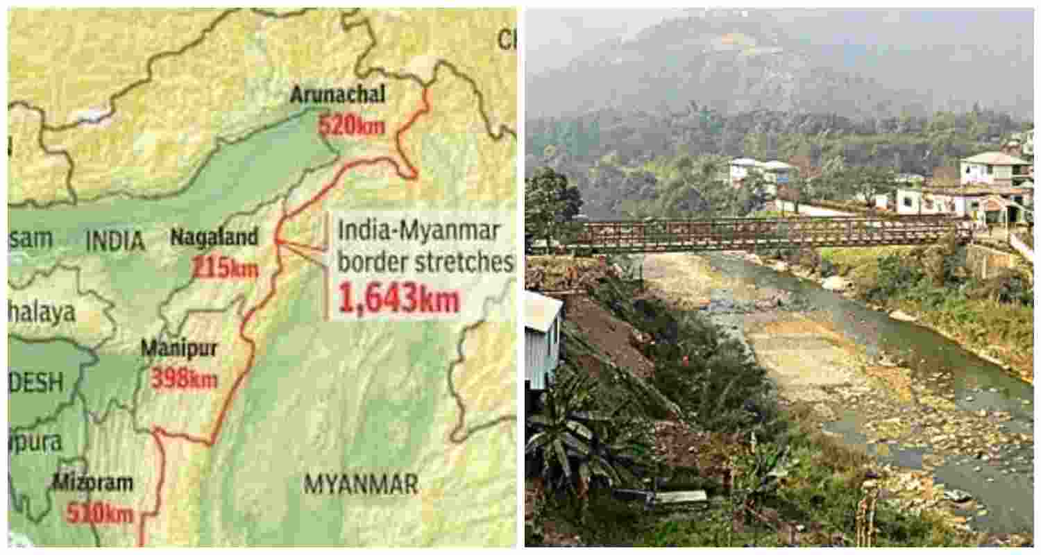 A graphic presentation of India's 1,643-km fence along its border with Myanmar. To the right, a glimpse of the India-Myanmar border.