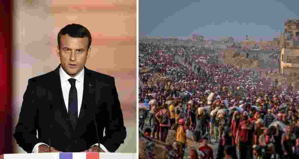 French President Emmanuel Macron (left), Palestinians walk in lines after receiving aid at a distribution point in central Gaza, where recent incidents involving Israeli forces have left hundreds dead.