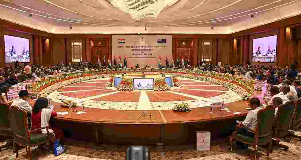 Union Minister of Commerce and Industries Piyush Goyal with New Zealand Minister of Trade and Investment Todd McClay during the signing of the India-New Zealand free trade agreement, in New Delhi, on Monday.