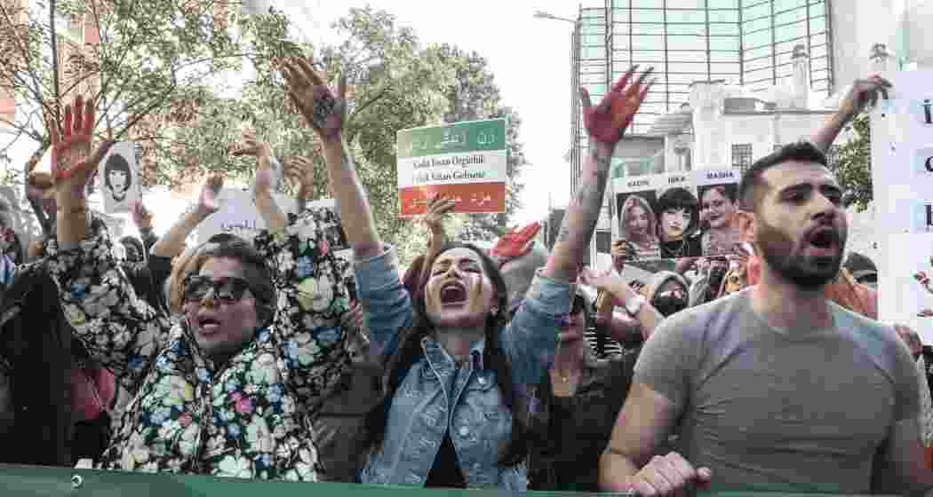 A file photograph of Iranians protesting over the death of Mahsa Amini at the Iranian consulate despite a warning from the Revolutionary Guard.