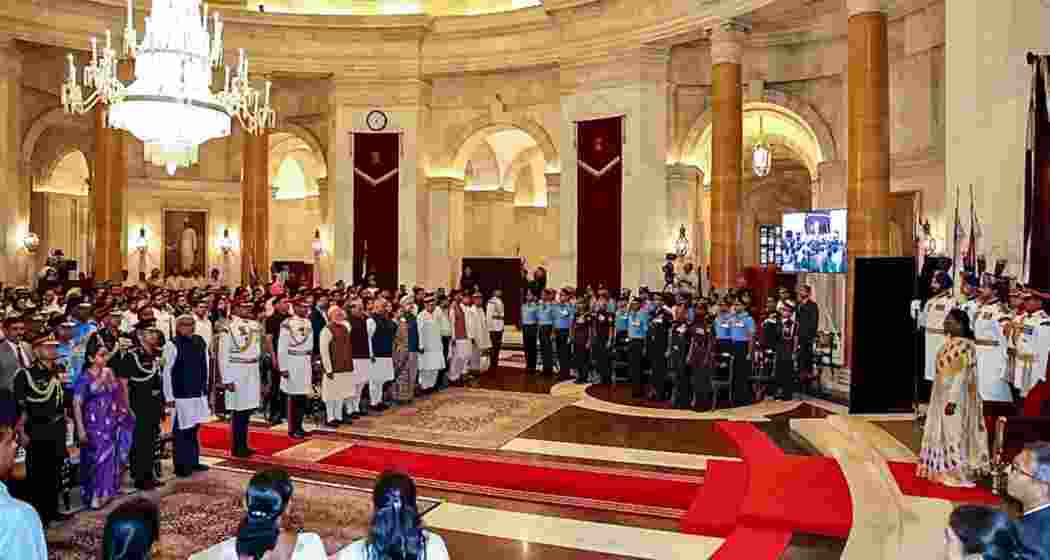 President Droupadi Murmu and others during the Defence Investiture Ceremony in 2026 (Phase I) for gallantry awards at Rashtrapati Bhavan, in New Delhi on Monday.