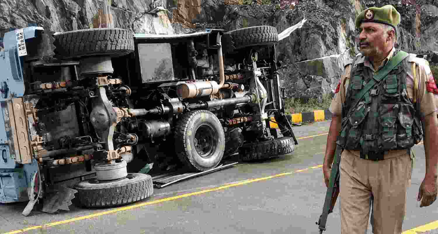 Six CRPF personnel were injured after their vehicle skidded off the road near the Sonamarg-Leh highway in Jammu and Kashmir's Ganderbal district.