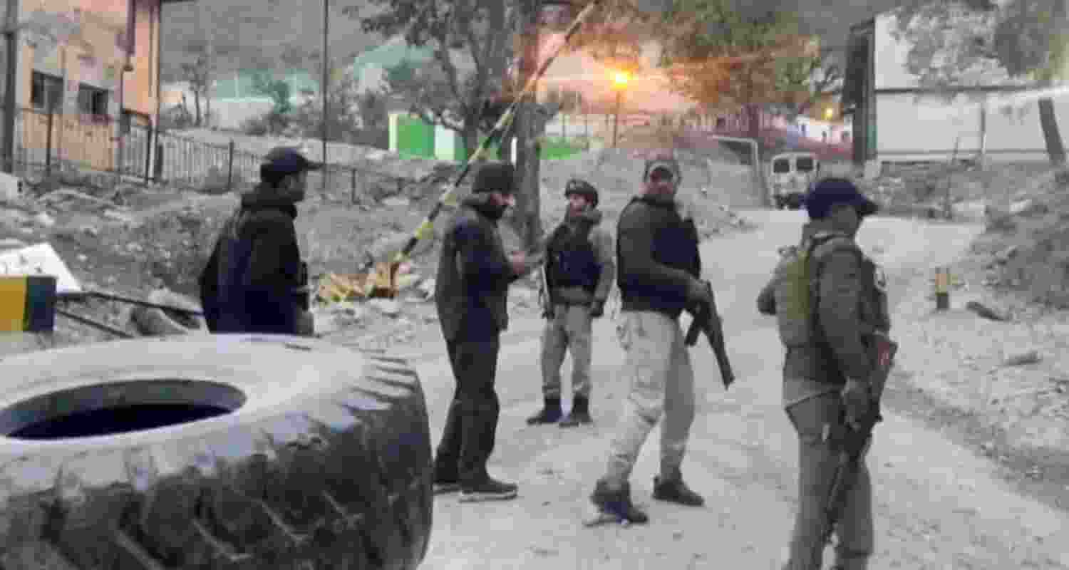 Security personnel cordon off the area after a terrorist attack, in Ganderbal district, Jammu & Kashmir, Monday, Oct. 21, 2024. A doctor and six labourers were killed in the terror attack on Sunday, according to officials.