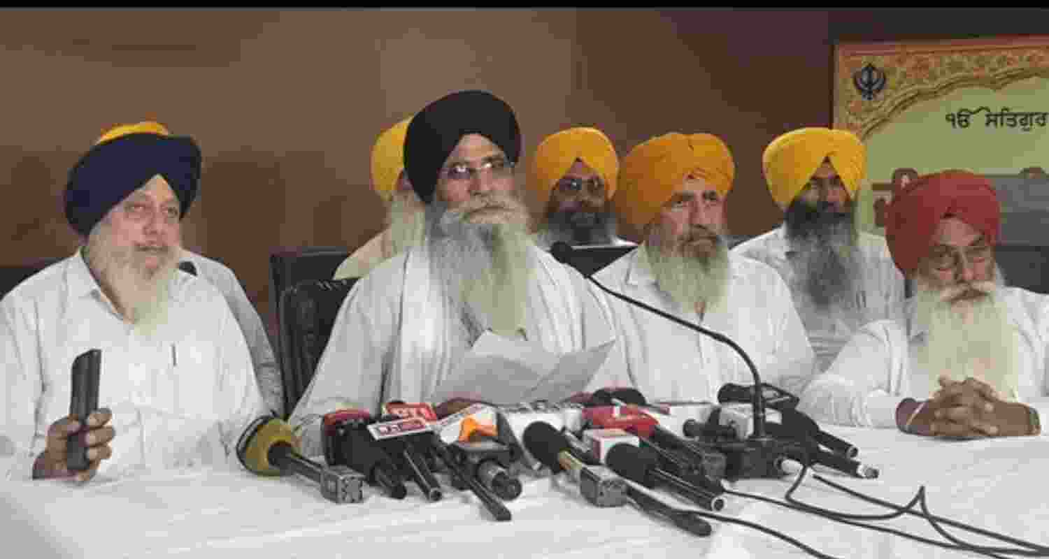 SGPC president Harjinder Singh Dhami addressing the media in Amritsar.