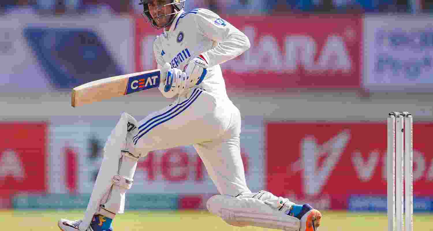 India's Shubman Gill plays a shot during the 4th day of the 3rd cricket Test match between India and England, at Niranjan Shah Stadium, in Rajkot on Sunday.