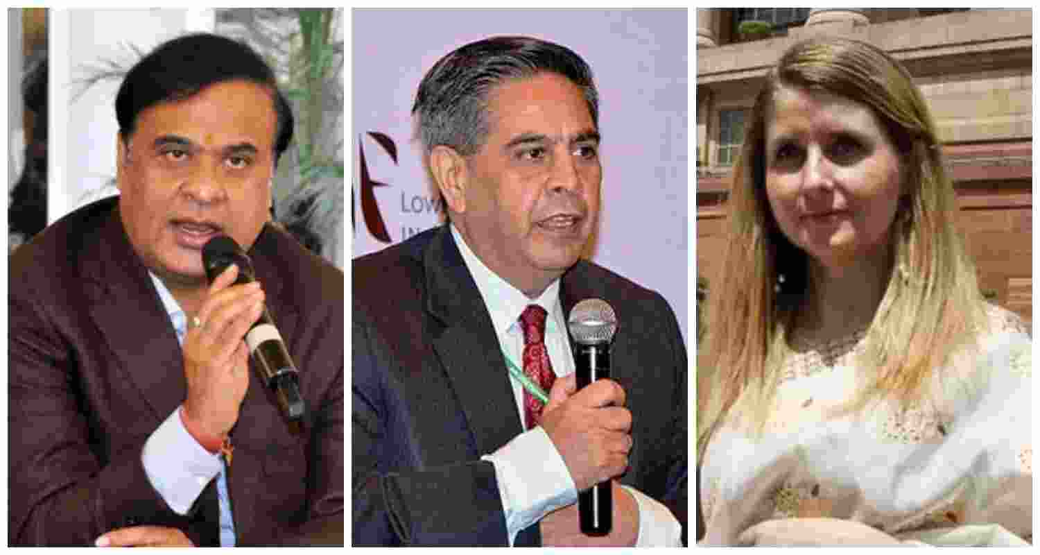 Assam CM Himanta Biswa Sarma (L), Pakistani national Ali Tauqeer Sheikh (C), Elizabeth Gogoi, a British national and wife of Gaurav Gogoi (R).