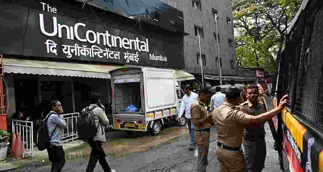 A view of UniContinental Hotel, home to The Habitat Comedy Club, vandalised by Shiv Sena workers last night over alleged derogatory remarks by comedian Kunal Kamra, is seen at Khar West, Mumbai on 24 March 2025.