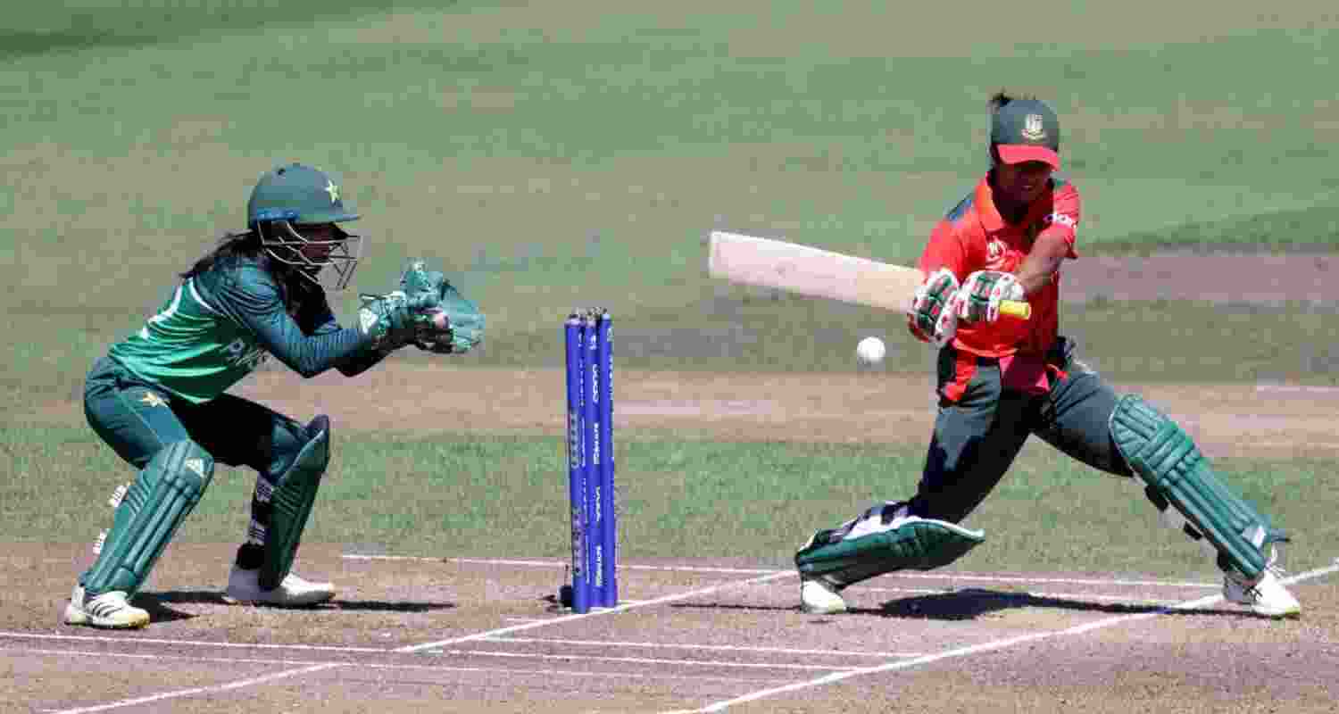 Bangladesh’s Fargana Hoque drives a Pakistani bowler on the off side during their match on Thursday.