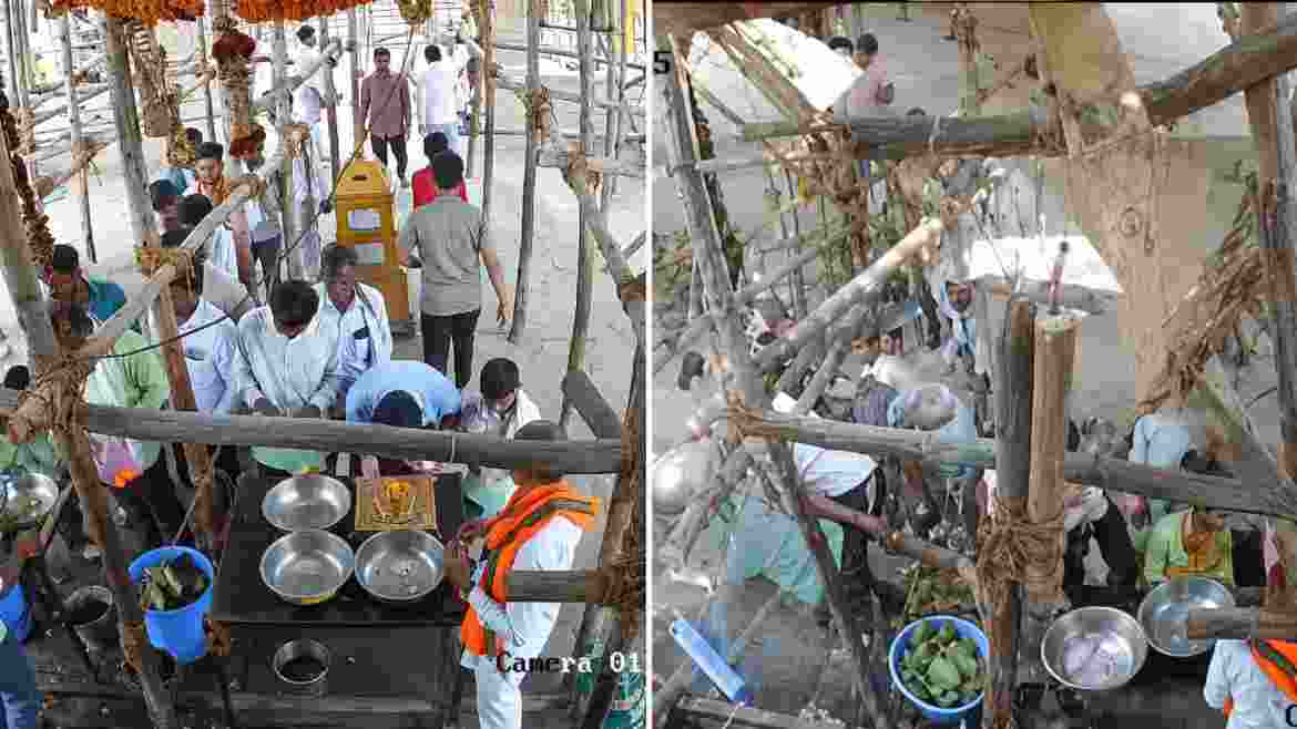 Before and after visuals show the under-construction temple in Parbhani before the roof collapse and the debris-filled site after the tragedy.