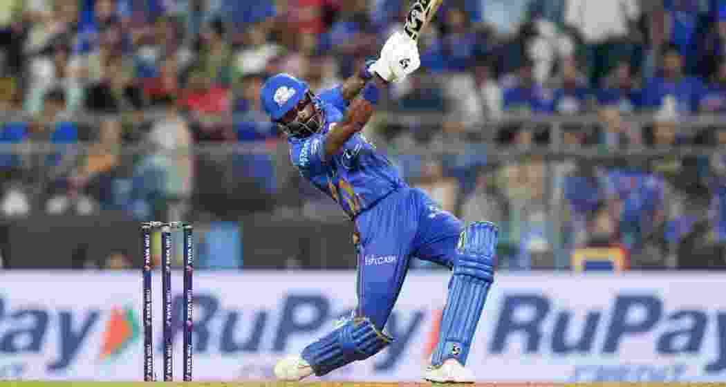 Hardik Pandya plays a shot during his quickfire cameo against Sunrisers Hyderabad at the Wankhede Stadium in Mumbai on Thursday, helping Mumbai Indians seal a four-wicket IPL win.

