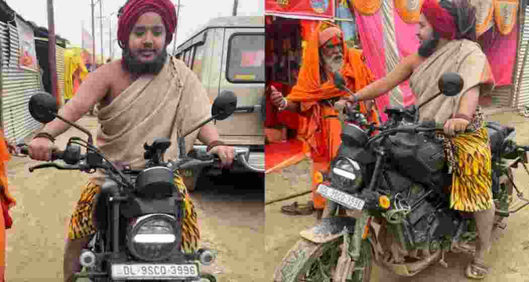 Visuals showed the seer riding into the Maha Kumbh tent city on a Harley Davidson motorcycle.