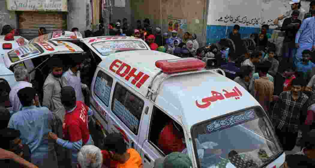 An ambulance pressed into service to take the survivors to hospital in Karachi on Thursday morning.