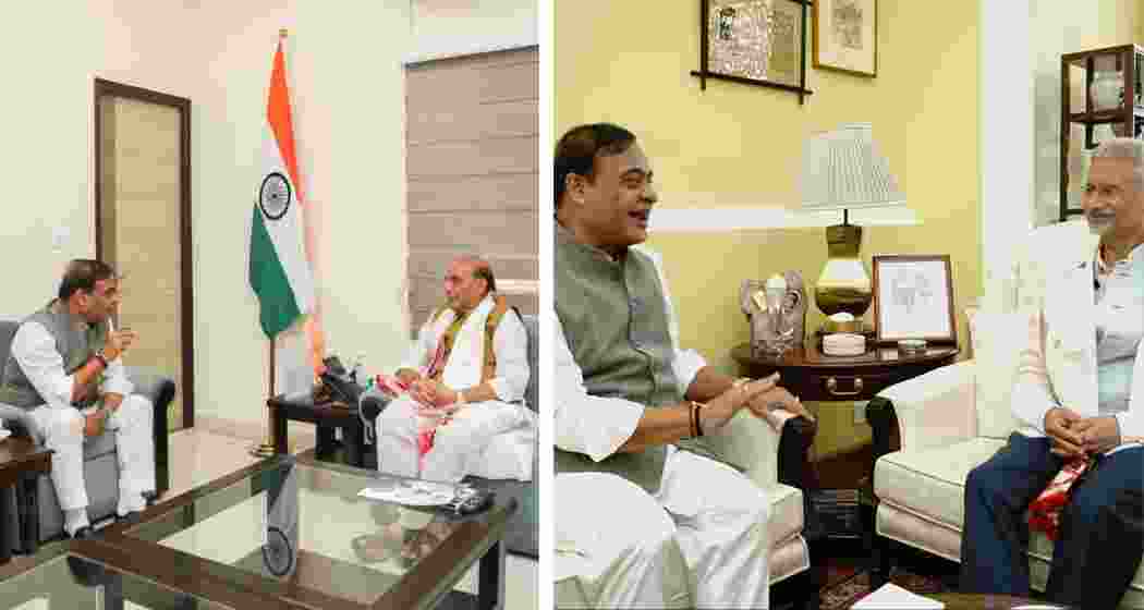 Assam Chief Minister Himanta Biswa Sarma meets Defence Minister Rajnath Singh (Left) and External Affairs Minister S. Jaishankar (Right) in New Delhi on Sunday to discuss defence, trade and tourism opportunities.
