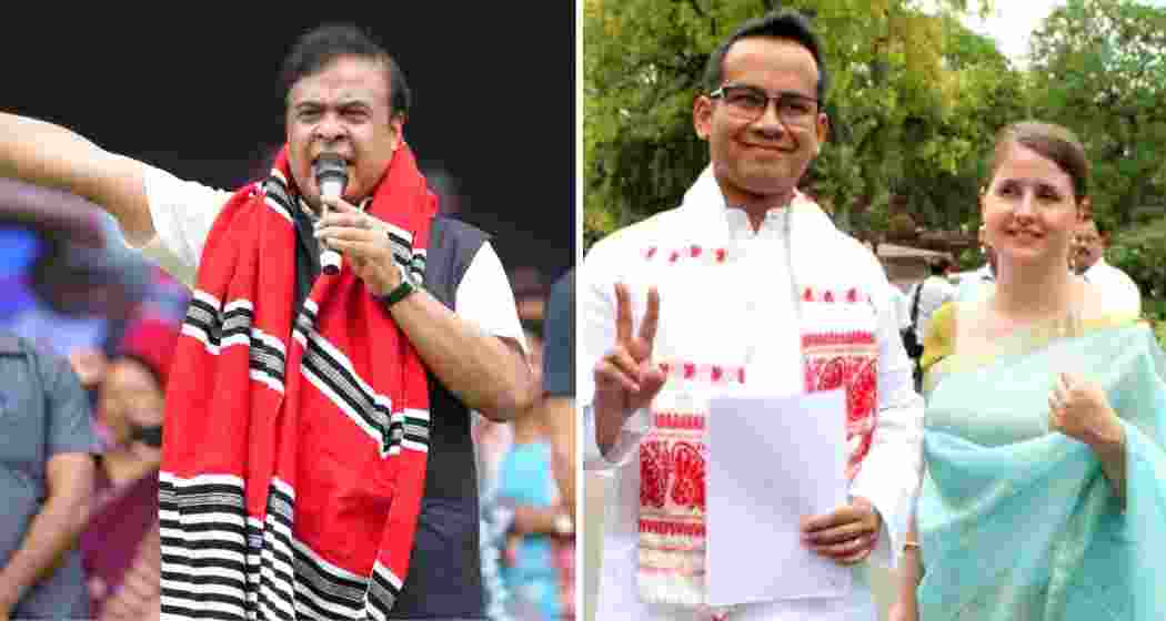 Chief Minister Himanta Biswa Sarma (L). Congress MP Gaurav Gogoi and his wife, Elizabeth Colburn Gogoi. 