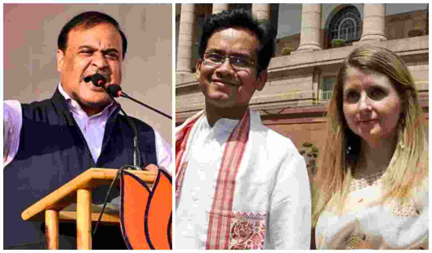 Assam Chief Minister Himanta Biswa Sarma (L), Congress MP Gaurav Gogoi and his wife Elizabeth Gogoi (R).