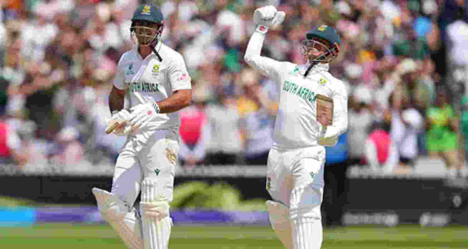 South Africa's David Bedingham and Kyle Verreynne celebrate after their win in the World Test Championship final against Australia at Lord's.