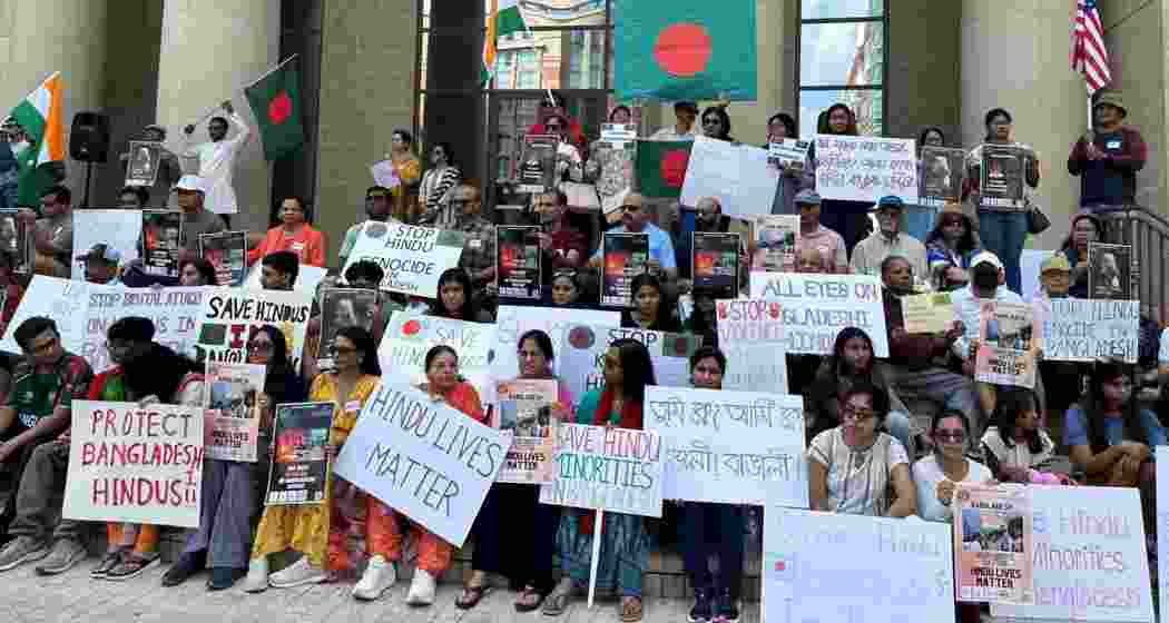 File photo of Indian Americans in Silicon Valley rallying in solidarity with Hindus in Canada and Bangladesh, holding placards and raising slogans against violence and urging protection of minority rights.