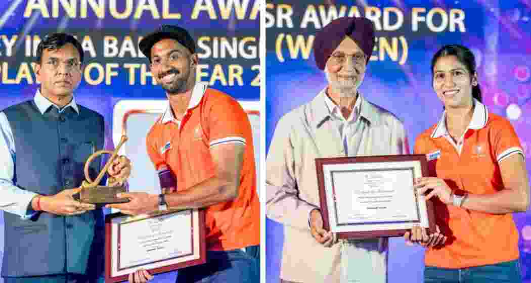 Hardik Singh and Navneet Kaur receive Hockey India’s Player of the Year awards at a ceremony in New Delhi.