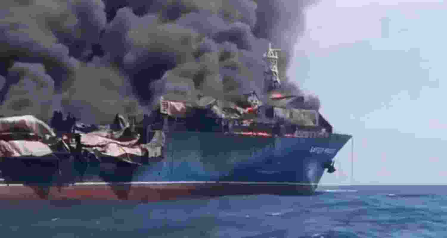 An Iranian naval ship on fire near the port city of Bandar Abbas in southern Iran.