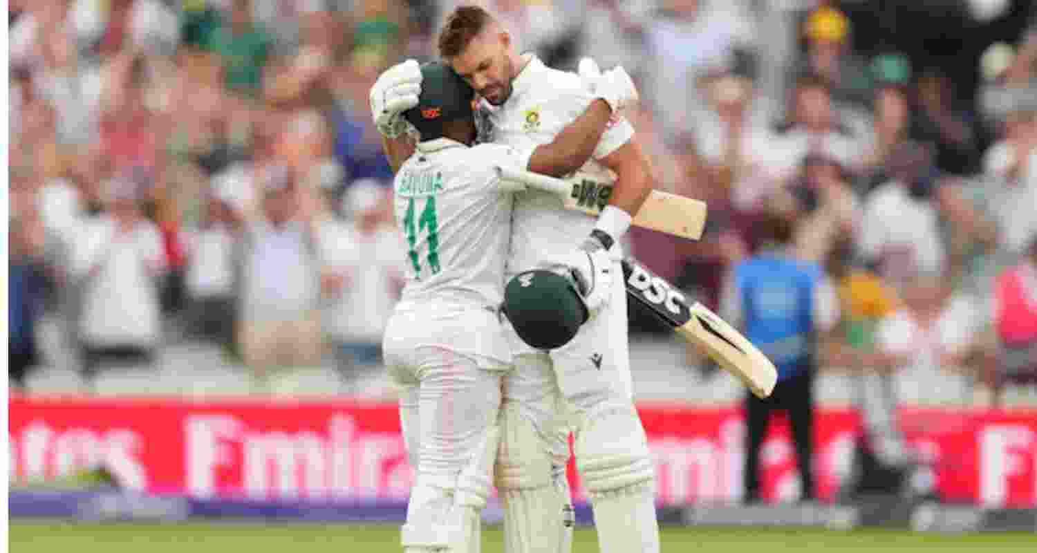 South African opener Aiden Markram embraces captain Temba Bavuma after completing his century on Day 3 of the ICC World Test Championship final against Australia at Lord's.