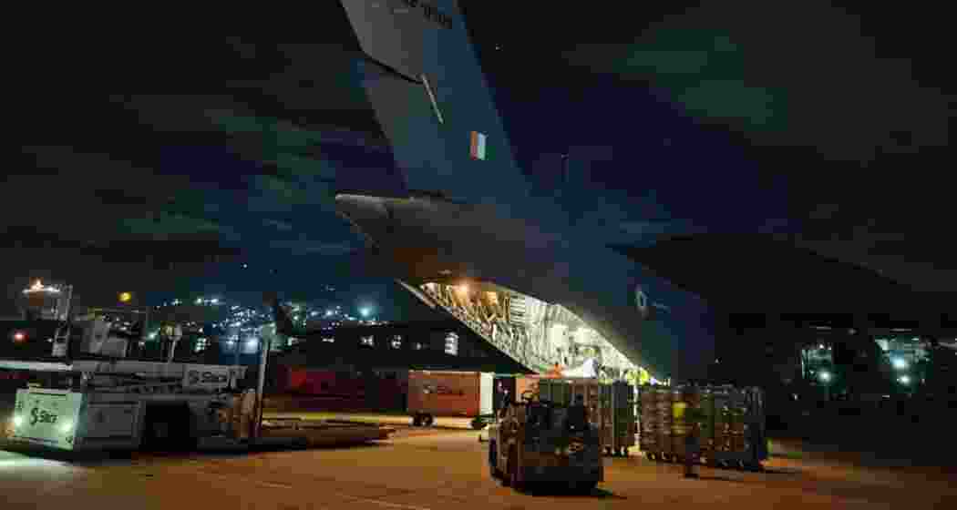 An Indian Air Force C-17 Globemaster III aircraft carrying humanitarian aid is unloaded after landing in Caracas, Venezuela, under Operation Amistad following a 23-hour, 14,000-km transoceanic relief mission from Hindon Air Base.